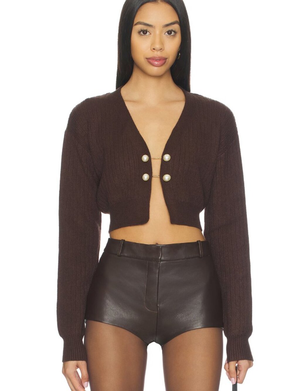 MORE TO COME Destiny Cardigan Sweater Dark Brown Long Sleeve Knit Cropped Small